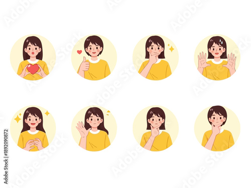 Woman with various happy expressions and gestures on yellow circles