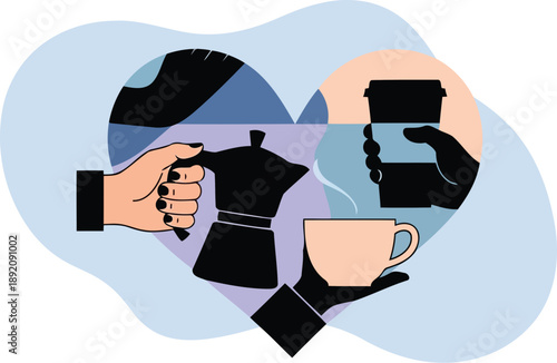 Modern Vector Coffee Set With Hands Moka Pot And Takeaway Cup Art