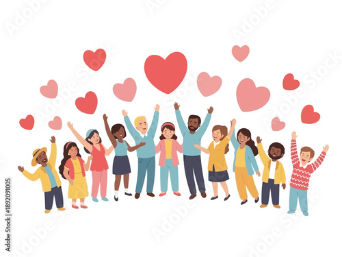 Diverse group of people celebrating with colorful hearts