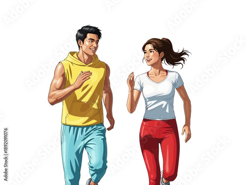 Young couple jogging together in casual athletic wear