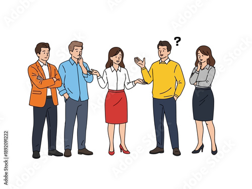 A group of business people standing together looking confused