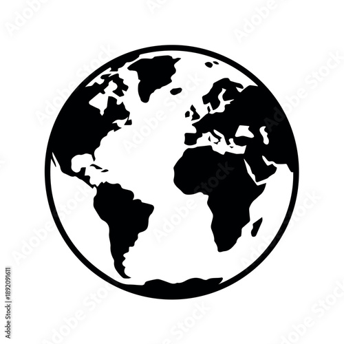 A black and white vector graphic illustration of the Earth showing continents in black silhouette on a white background