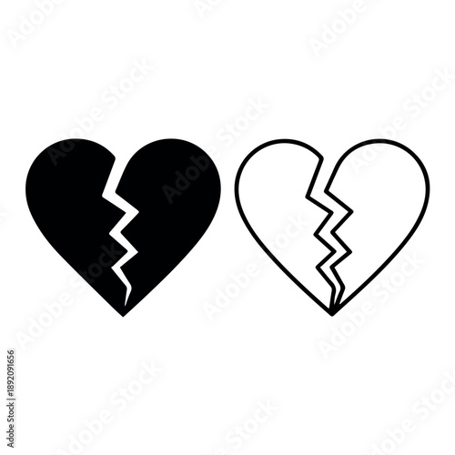 A vector graphic illustration of two broken heart symbols in black and white on a plain background