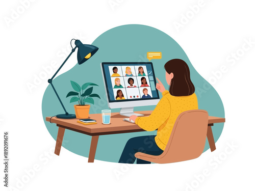 Remote worker on video call with colleagues at home office