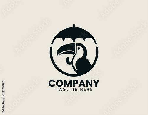 Toucan With Umbrella Black Vector Logo Illustration