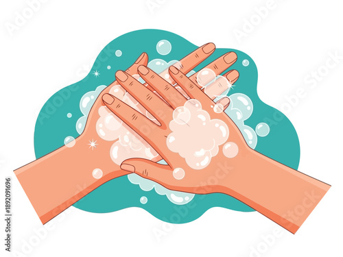 Illustration of hands washing with soap bubbles on teal background