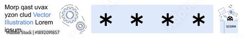 Cybersecurity, password protection, digital security, data privacy, online safety, technology systems. Asterisks passwords alongside gear and tech elements. Cybersecurity and password protection