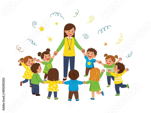 A diverse group of children and an adult playing together in a circle