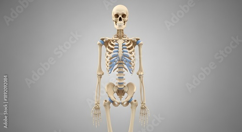 An accurate medical illustration of the human skeletal system showing the full skeleton with detailed views of the skull, rib cage, spine, and pelvis on a neutral background.
