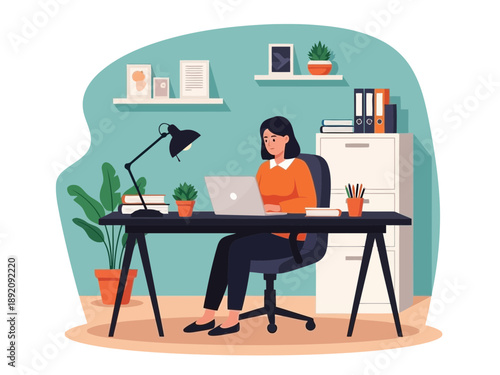Woman working on laptop at desk in home office with plants and books