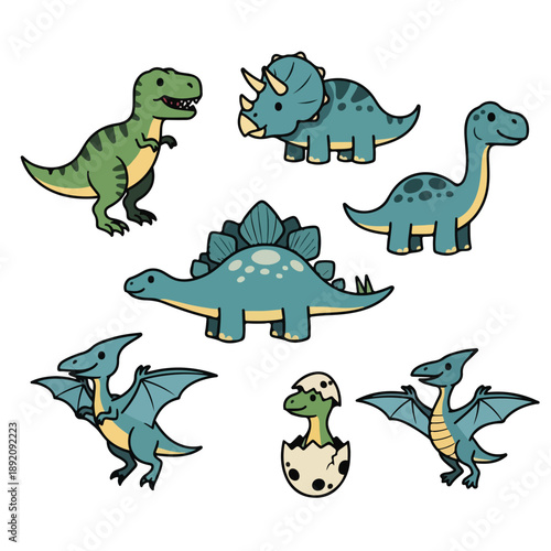 A colorful illustration of seven smiling dinosaurs