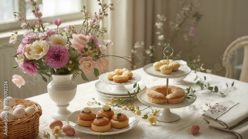 Wallpaper Mural Spring table pastel flowers pastries bouquet arranged sunlit tea table with delicate warm soft light Torontodigital.ca