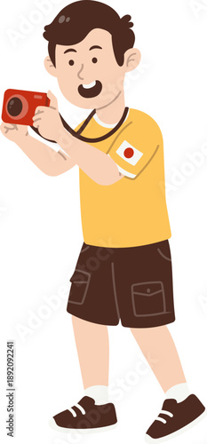Japan boy tourist character on summer vacation taking pictures with camera