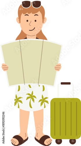 Young female tourist character on summer vacation reading location map