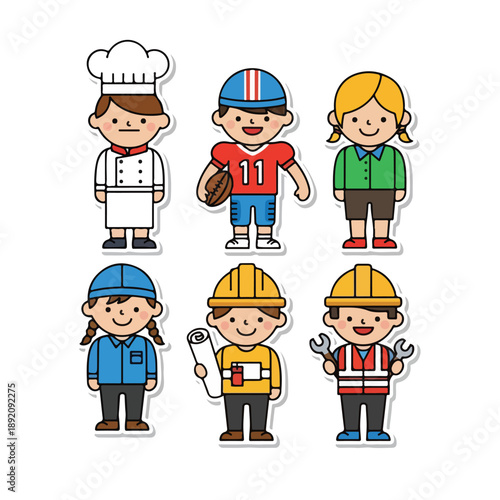 A colorful illustration of six cartoon children in various professions