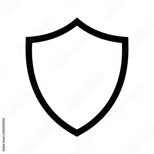 A simple black shield icon on a white background representing protection and security in a minimalist flat design style