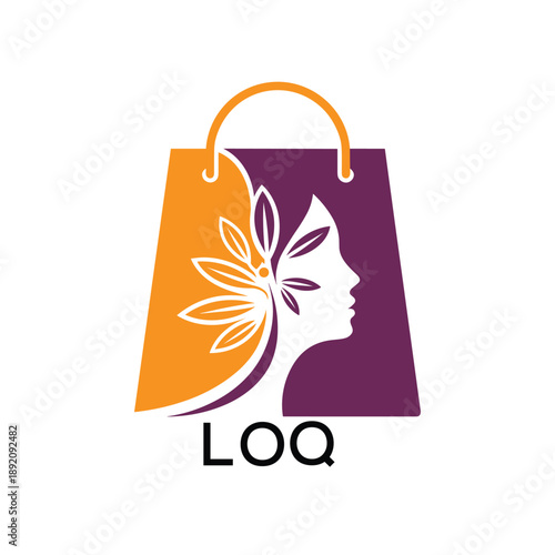 LOQ Elegant Beauty Shopping Bag. LOQ Logo Design with Female Face and Leaf. LOQ Best Icon.
