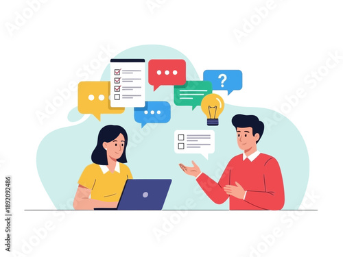 Two people discussing and chatting with speech bubbles