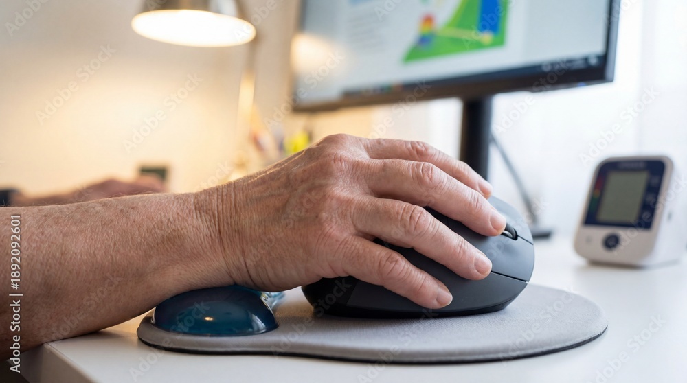Fototapeta premium Adaptive Mouse: Close-up of a hand with arthritis using a vertical ergonomic mouse and a wrist rest, comfortable office setup, medical tech.