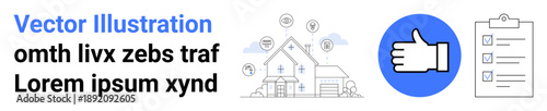 Home management, home improvement, quality assurance, service evaluation, efficiency, technology. Icon set includes a house with service icons, a thumbs up and a checklist. Home improvement