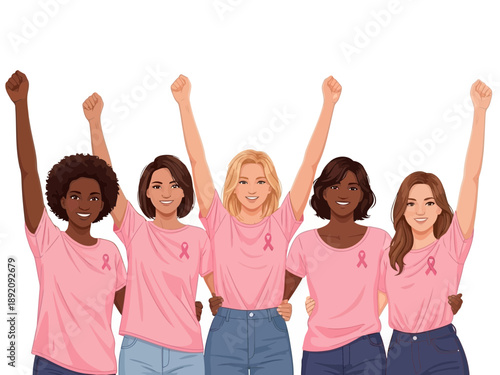 Five women wearing pink shirts with breast cancer awareness ribbons