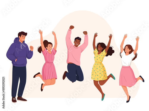 A group of people jumping in the air with their arms raised