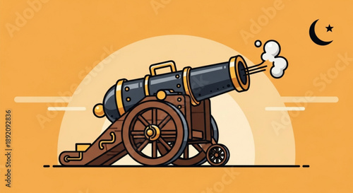 Medieval Cannon Firing during Ramadan on Orange Background