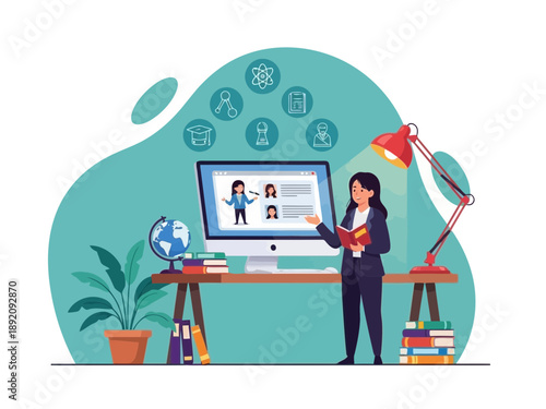 Businesswoman presenting on computer screen in front of teal background