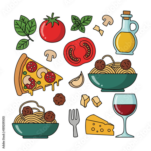 A colorful illustration of various Italian food items