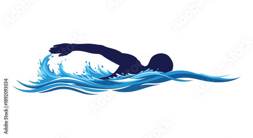A dynamic illustration depicts a swimmer in mid stroke cutting through stylized flowing blue water high quality professional detailed