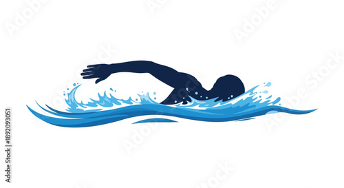 A stylized illustration depicts a swimmer in action gliding through dynamic swirling blue water high quality professional detailed