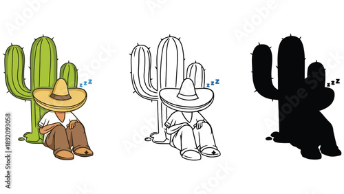 A cartoon cowboy sleeping peacefully next to a cactus in different color styles