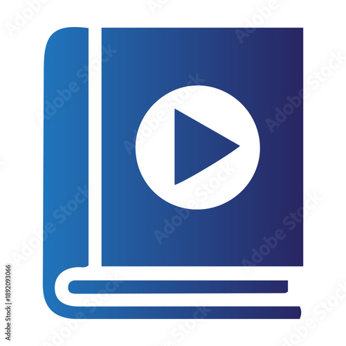 Abstract blue icon depicting a book with a play button, representing concepts of audio literature, educational technology, online courses, and digital media for contemporary learning experiences