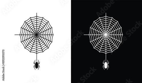 Spider web with spider hanging down isolated and