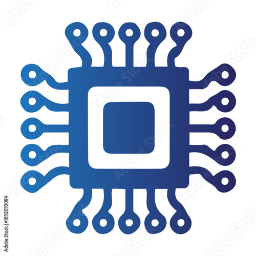Stylized blue illustration of a modern microchip, representing digital technology, electronic processing, and computational innovation. This graphic embodies computer hardware