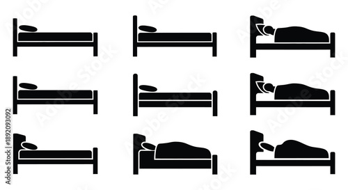 A collection of nine black silhouette icons depicts various positions of a person sleeping in a bed