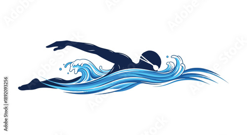 A dynamic illustration depicts a swimmer in mid stroke gliding through stylized blue waves showcasing athletic movement high quality