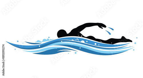 A stylized silhouette of a swimmer in motion captured mid stroke above dynamic swirling water waves high quality professional