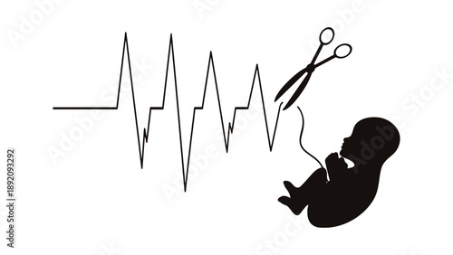 A graphic illustration of a fetus and a heartbeat with scissors