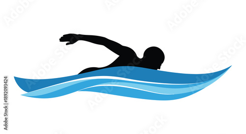A stylized illustration depicts a swimmer in motion captured mid stroke against a backdrop of blue waves high quality