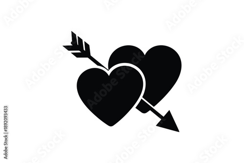 Two hearts with cupid arrow silhouette for valentines day cards and wedding romantic design