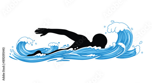 A stylized illustration depicts a swimmer in motion cutting through dynamic blue waves evoking speed and athleticism