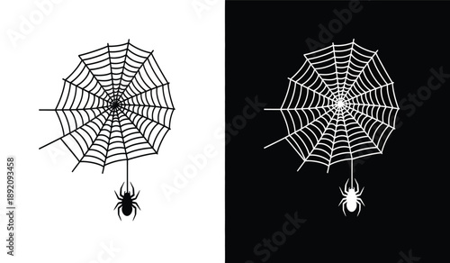 Black and white spider web with spider hanging from it and