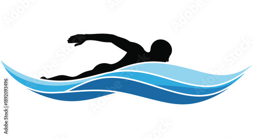 A stylized illustration depicts a swimmer in motion cutting through light blue waves with a sleek silhouette