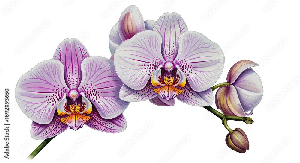 Fototapeta premium Orchid flowers blooming detailed botanical transparent background elegant