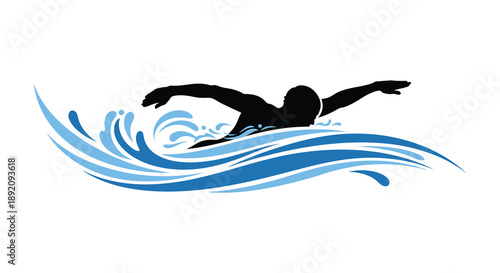 A stylized graphic depicts a swimmer in motion cutting through dynamic flowing water waves in blue high quality