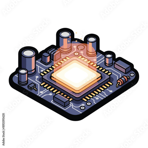 A computer chip with various components