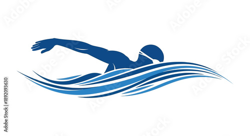 A dynamic stylized illustration depicts a swimmer in mid stroke cutting through stylized waves of blue high quality professional