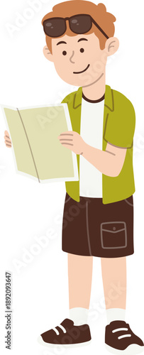 Russian male tourist character traveling reading location map