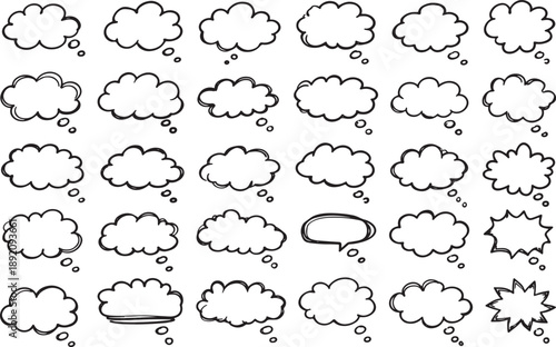 Hand-drawn vector collection of funny cartoon sheep featuring a set of comic speech bubbles and thought cloud icons for creative communication design